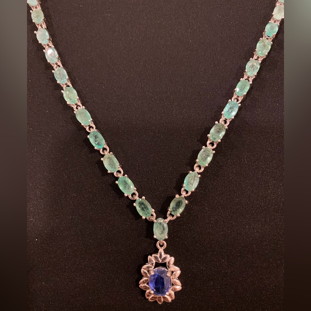 Hallmarked.Colombian Natural mined Emeralds & Blue Sapphire Stone Necklace.